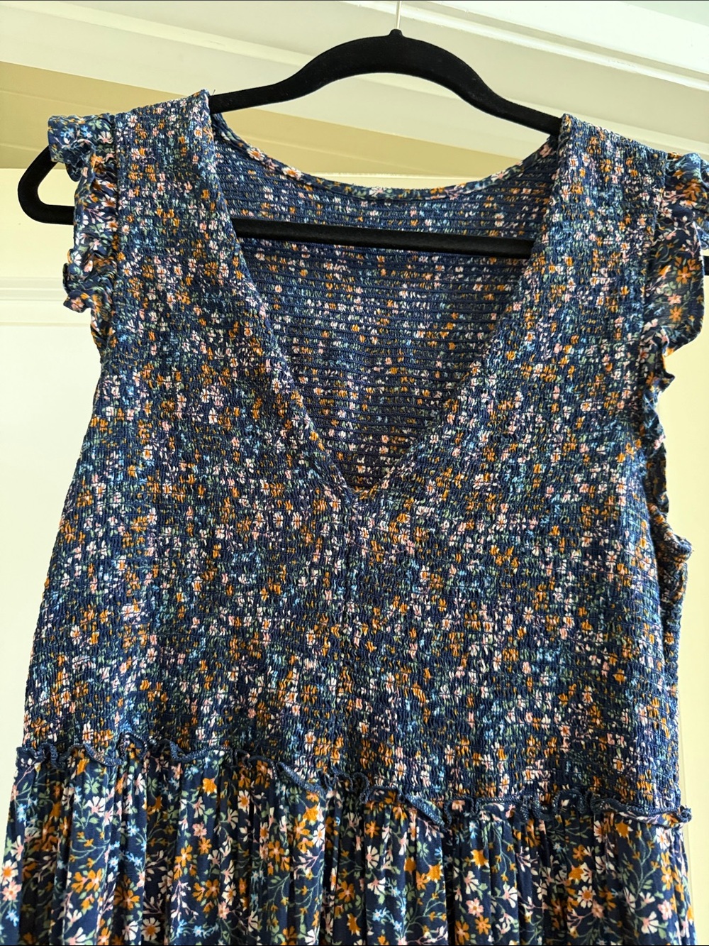Floral Navy Blue Midi Dress with Ruffled Sleeves - Picture 7 of 7